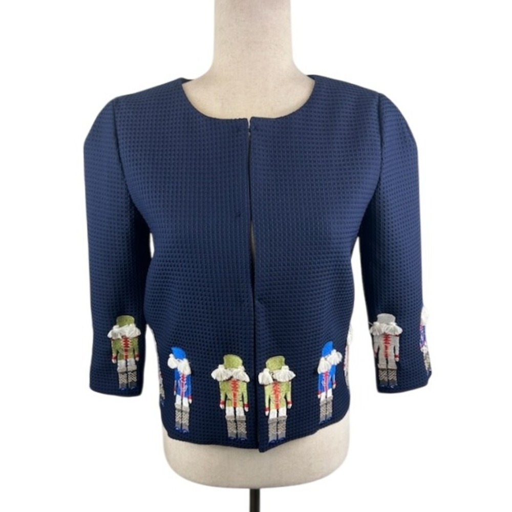 RMO & JUL Navy Blue Nutcracker Embroidered Waffle Knit Cropped Jacket Size Small